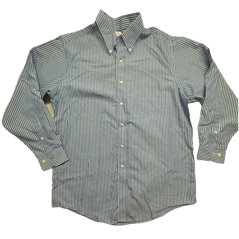 Brooks Brothers Dress Shirt Mens Blue White Stripes Regular Fit No Iron 16.5